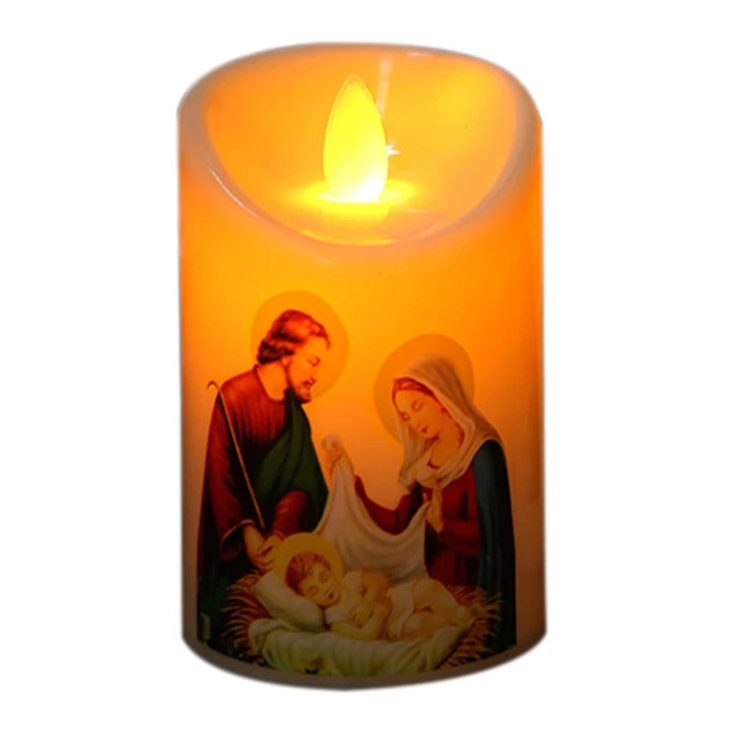 Velas decorativas de Jesus Cristo com lâmpada de led semelhante a chama.