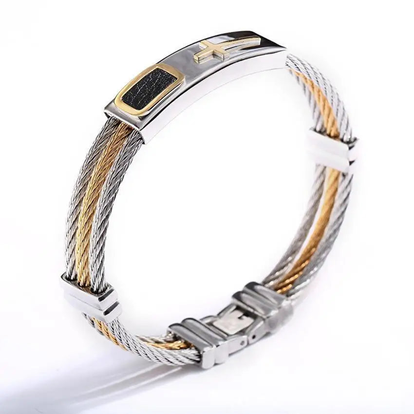 Fashion Male Twisted Color Gold Stainless Steel Jesus Cross Charm Cuff Cable Wire Bracelets Jewelry For Men