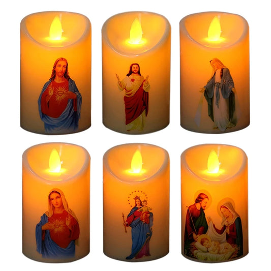 Velas decorativas de Jesus Cristo com lâmpada de led semelhante a chama.