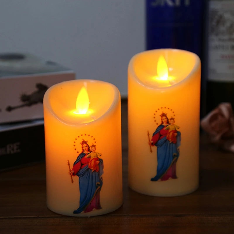 Velas decorativas de Jesus Cristo com lâmpada de led semelhante a chama.