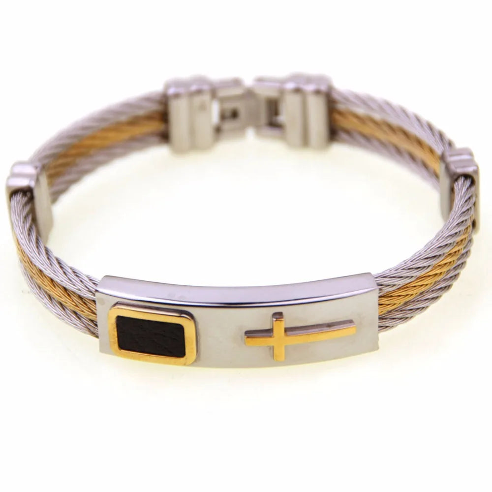 Fashion Male Twisted Color Gold Stainless Steel Jesus Cross Charm Cuff Cable Wire Bracelets Jewelry For Men