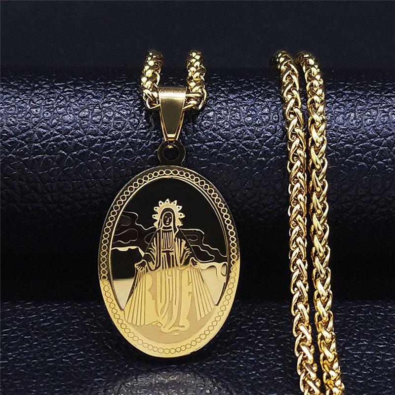 Colar Abençoado de Jesus e Nossa Senhora com pingente em aço inoxidável Ouro e Prata