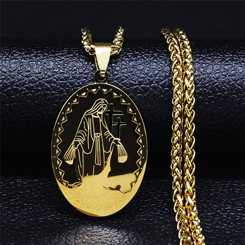 Colar Abençoado de Jesus e Nossa Senhora com pingente em aço inoxidável Ouro e Prata