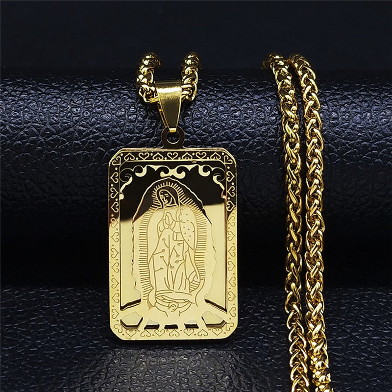 Colar Abençoado de Jesus e Nossa Senhora com pingente em aço inoxidável Ouro e Prata
