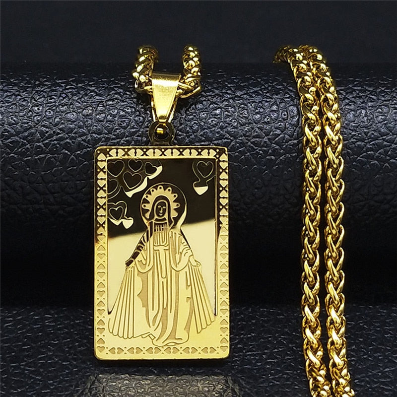 Colar Abençoado de Nossa Senhora com pingente em aço inoxidável Ouro e Prata