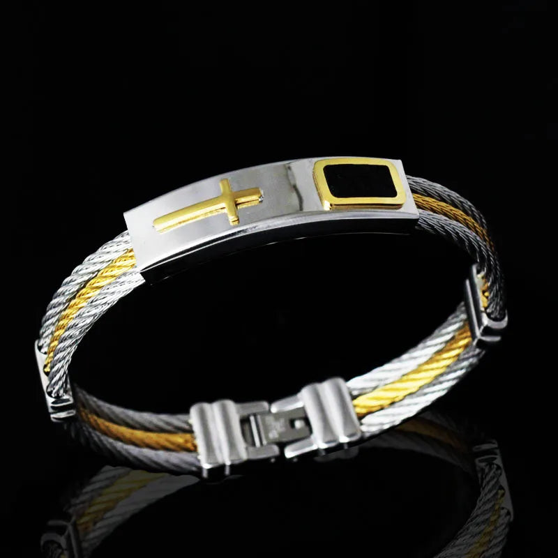 Fashion Male Twisted Color Gold Stainless Steel Jesus Cross Charm Cuff Cable Wire Bracelets Jewelry For Men